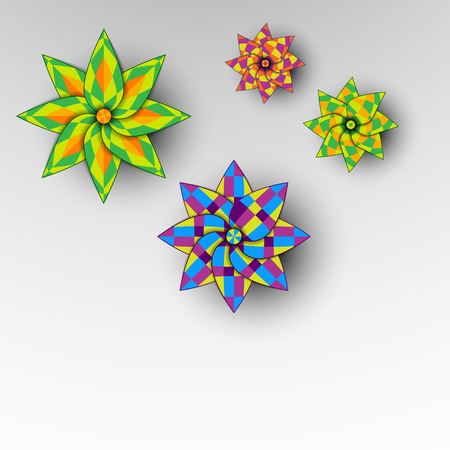 Vector illustration of different colored ornamental geometric flowers.のイラスト素材
