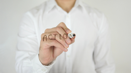 Action, Written on Glass by Man in Studioの写真素材