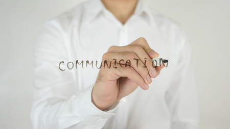 Communication, Written on Glass by Man in Studioの写真素材