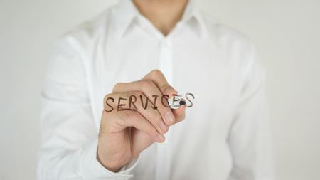 Services, Written on Glass by Man in Studioの写真素材