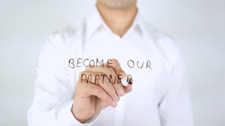 Become Our Partner, Man Writing on Glass, Handwrittenの写真素材