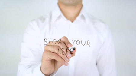 Blog Your Life, Man Writing on Glass, Handwrittenの写真素材