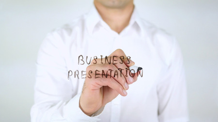 Business Presentation, Man Writing on Glass, Handwrittenの写真素材