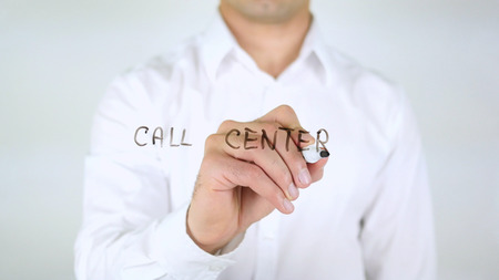 Call Center, Man Writing on Glass, Handwrittenの写真素材
