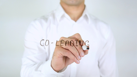 Co-Leading, Man Writing on Glass, Handwrittenの写真素材