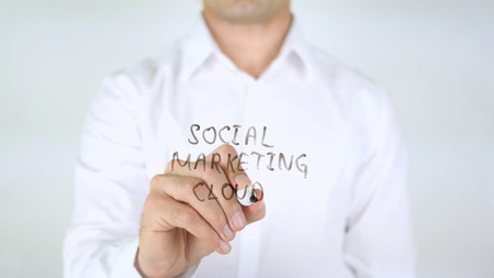 Social Marketing Cloud, Man Writing on Glassの写真素材