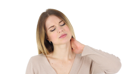 Neck Pain Gesture by Woman isolated on white backgroundの写真素材