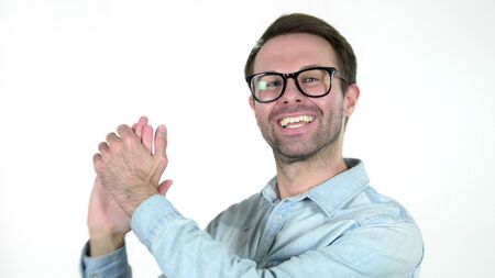 Clapping Casual Man Applauding Isolated on White Backgroundの写真素材