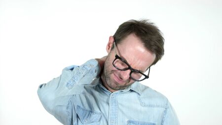 Casual Man with Neck Pain, White Backgroundの写真素材