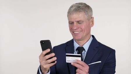 Online Shopping by Senior Businessman on Smartphone, White Background