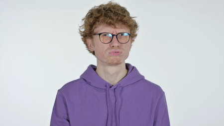 Denying Redhead Man Shaking Head in No, White Background