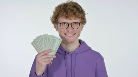 Redhead Man Counting Dollars, White Background