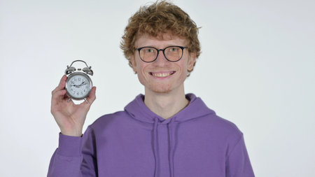Smiling Redhead Man Holding Clock, White Background