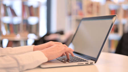 Woman Typing on Laptop Keyboard in Cafeの写真素材