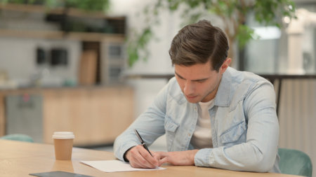 Pensive Young Man Writing on Paper, Thinking