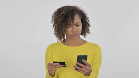 Online Shopping Failure on Smartphone for African Woman on White Background