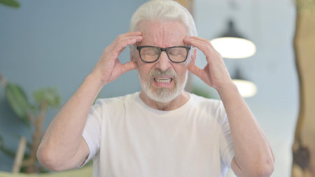 Portrait of Senior Old Man with Headache, Migraineの写真素材
