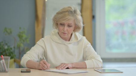 Mature Adult Woman Working on Documents, Doing Paperworkの写真素材