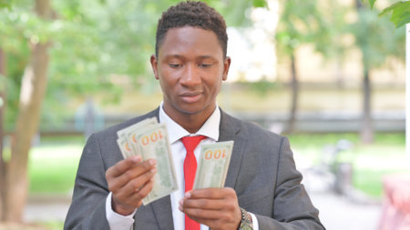 Portrait of African Businessman Counting Money Outdoorの写真素材
