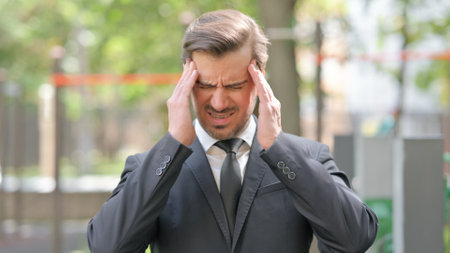 Portrait of Young Businessman with Migraine Outdoorの写真素材