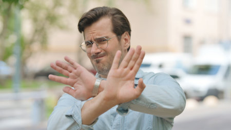 Rejecting Gesture by Tense Casual Young Man Outdoor