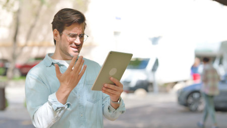 Portrait of Casual Young Man with Online Loss on Tabletの写真素材