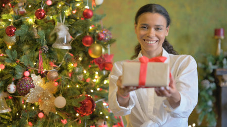 African Young Woman Offering Gift in Front of Decorated Christmas Treeの写真素材
