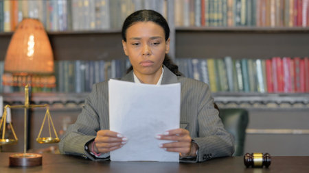 African Female Lawyer Reading Court Orders in Officeの写真素材