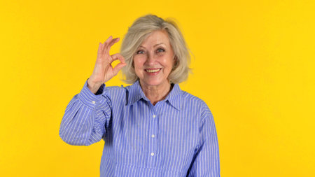 Old Woman with Okay Sign on Yellow Background, Portrait