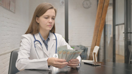 Young Female Doctor Counting Money at Workspaceの写真素材
