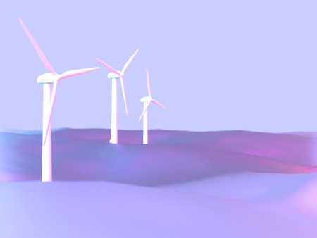 3D illustration of wind power generation in a fantastic landscapeの写真素材