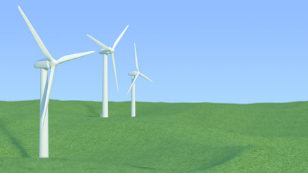3D illustration of wind power generation standing on a hillの写真素材