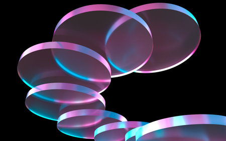 3D illustration of iridescent glass panes in the dark