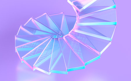 3D illustration of glass spiral staircase illuminated by fantastic lightの写真素材