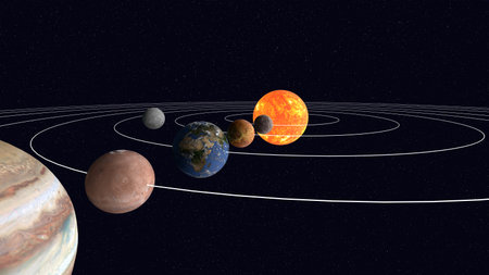 3D illustration of the solar system in series