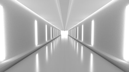 Abstract architecture background, empty corridor with lights, 3d render illustrationの写真素材