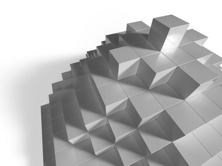 Abstract 3d rendering of chaotic metallic cubes in empty space. Futuristic background.3D illustration of a pyramid stacked with white cubesの写真素材