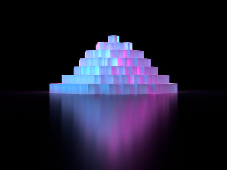 3D illustration of a pyramid stacked with fantastically glowing cubesの写真素材