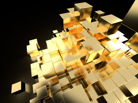 Collapsing pyramid of gold bars. 3D illustration of stacked cubesの写真素材