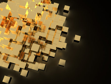 Collapsing pyramid of gold bars. 3D illustration of stacked cubesの写真素材