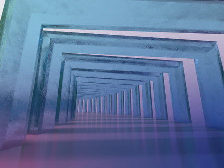 3d render, abstract background, empty room, futuristic architecture, corridor. 3D illustration of a curved crystal tunnelの写真素材