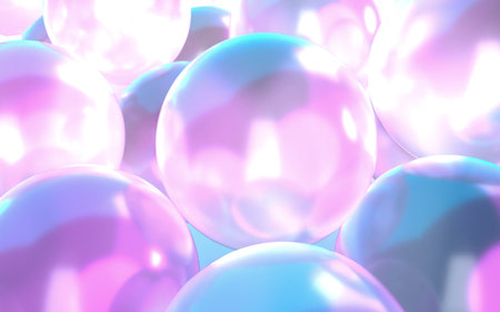 3d render, abstract background with pink and blue shiny spheres, bubbles