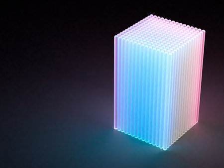 abstract background with blue and pink light bulbs, closeup of photo. 3D illustration of aligned blunt poles.の写真素材