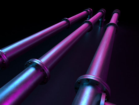 3d rendering of industrial pipes on a black background with neon lights 3d illustration of steel pipes, pipelinesの写真素材