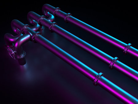 3d rendering of industrial pipes on a black background with neon lights 3d illustration of steel pipes, pipelinesの写真素材