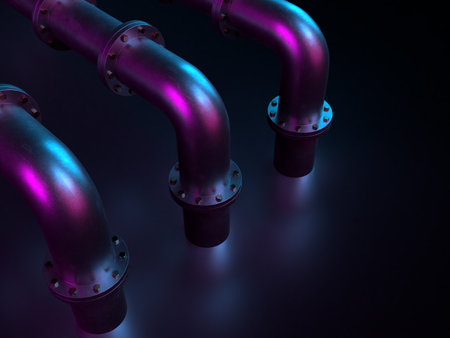 3d rendering of industrial pipes on a black background with neon lights 3d illustration of steel pipes, pipelinesの写真素材