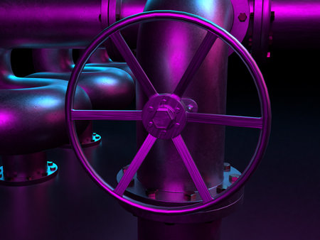 3d rendering of industrial pipes on a black background with neon lights 3d illustration of steel...