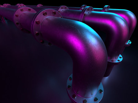 3d rendering of industrial pipes on a black background with neon lights 3d illustration of steel pipes, pipelinesの写真素材