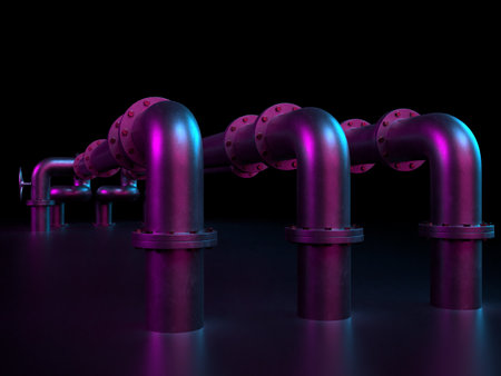 3d rendering of industrial pipes on a black background with neon lights 3d illustration of steel pipes, pipelinesの写真素材