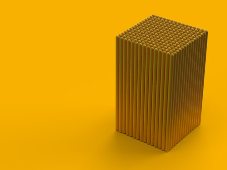 3d render of a pile of yellow plastic balls isolated on orange backgroundの写真素材